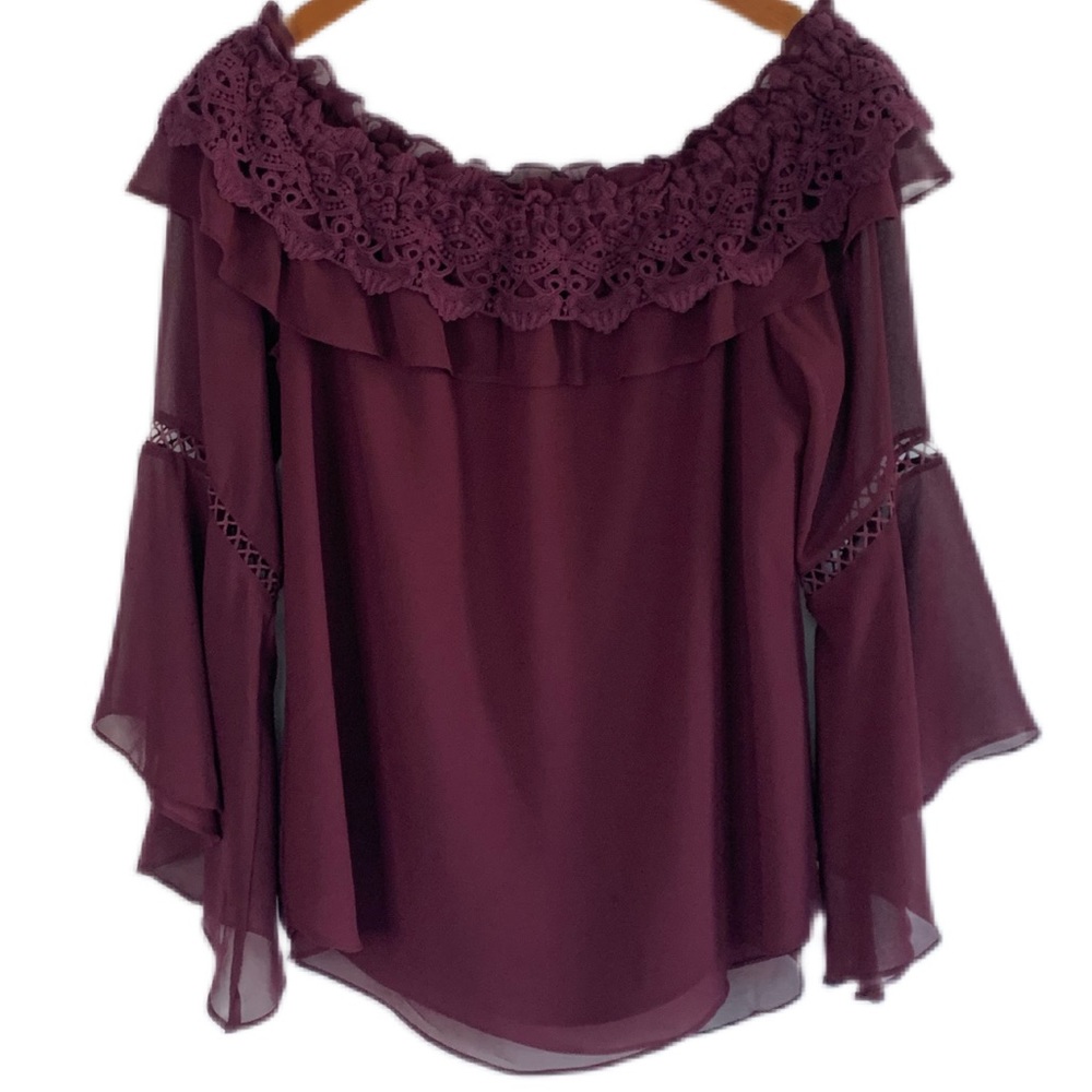 White House Black Market Maroon Lace Collar Crocheted Long Flutter Cuff Blouse